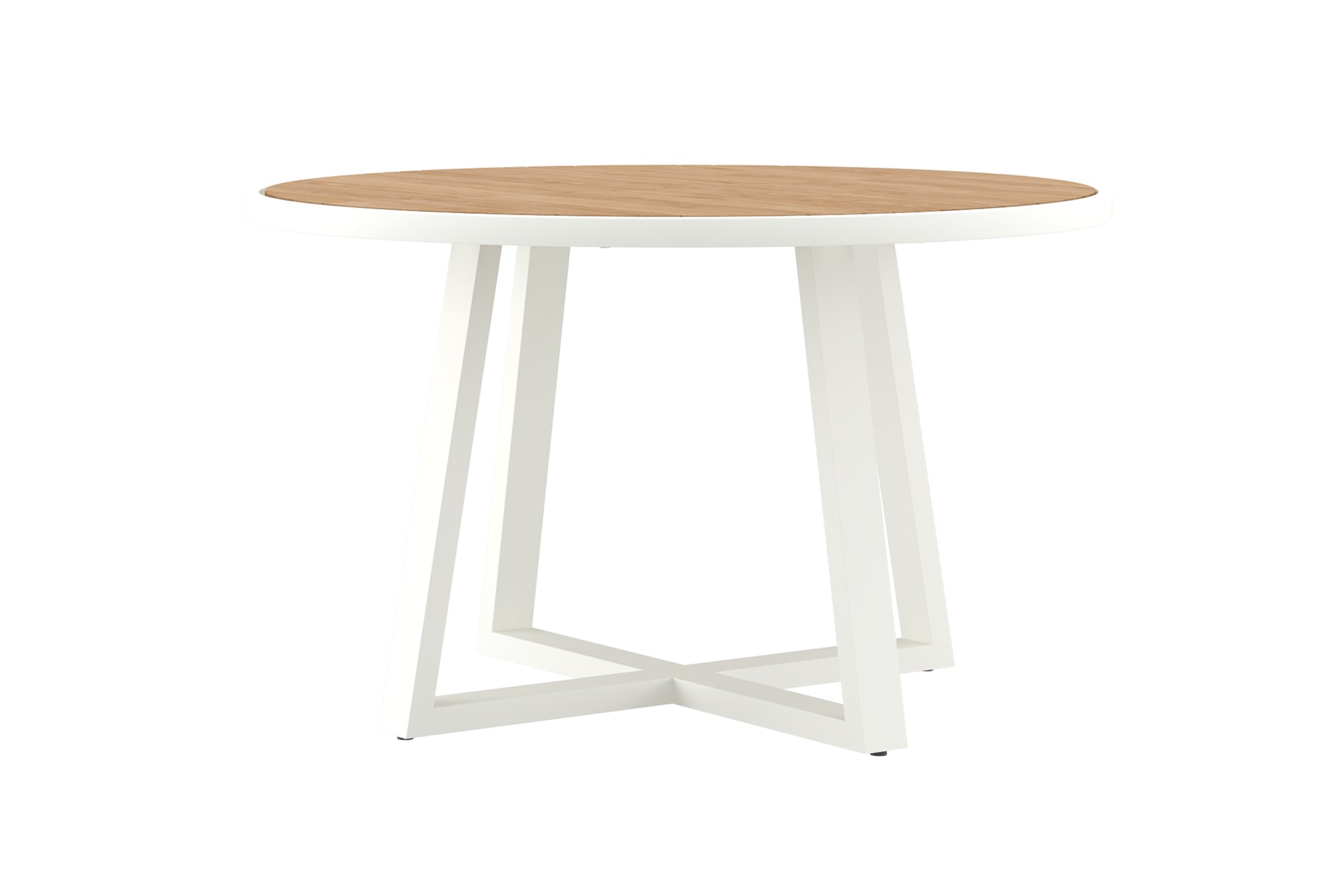 Dining table with wooden top and white metal legs on a white background
