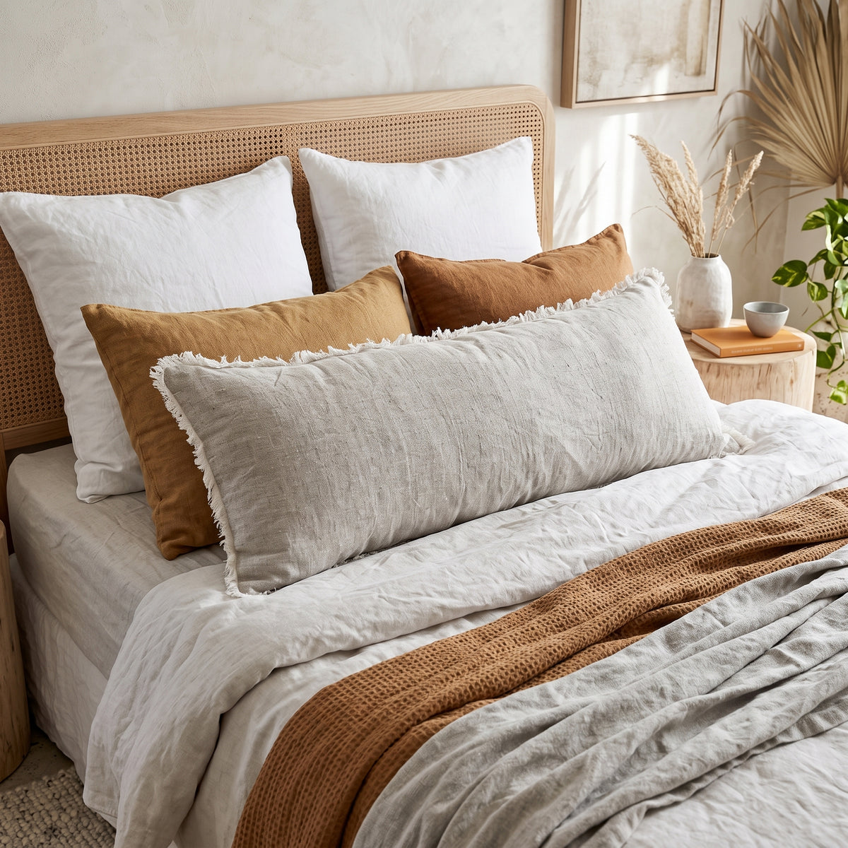 A styled bed in a softly lit bedroom featuring a light beige linen lumbar pillow with fringe trim, layered over white and tan pillows, with a beige and brown knit blanket and a wooden cane headboard.