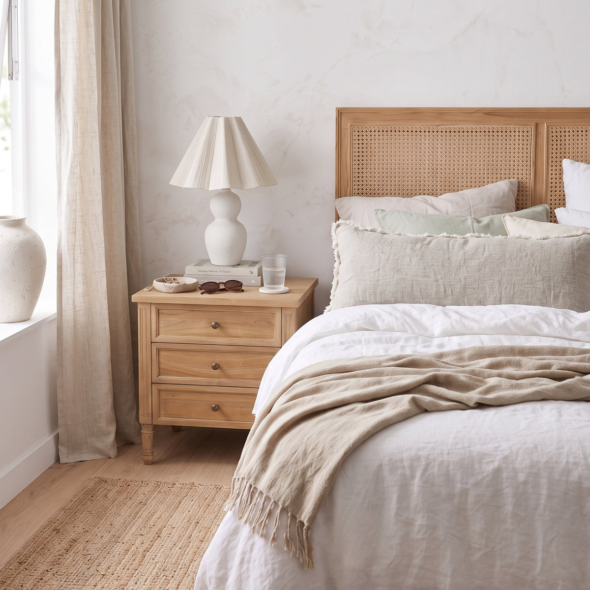 A styled bedroom scene featuring a light wood bed frame with a woven cane headboard, dressed in white linens and a beige throw blanket, next to a matching wooden nightstand with a white table lamp.