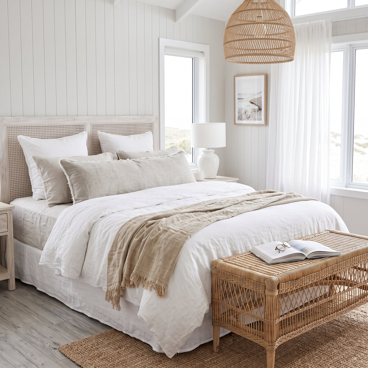 A beautifully styled bedroom featuring a bed dressed in white linens and a beige throw blanket, set against a white shiplap wall. A woven rattan bench sits at the foot of the bed, and a large woven pendant light hangs from the ceiling.