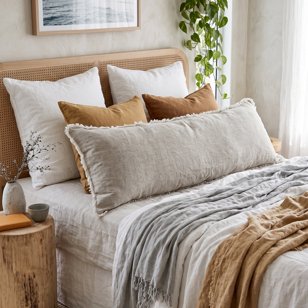 A styled bed in a softly lit bedroom featuring a large light beige textured pillow with fringe trim in the foreground, layered with white and tan pillows, a beige throw blanket, and a wicker headboard.