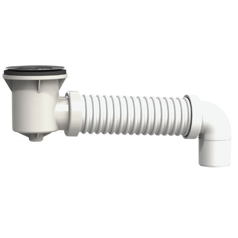 A white plastic drainage pipe assembly with a corrugated flexible hose connector and a 90-degree elbow joint, shown against a plain white background.