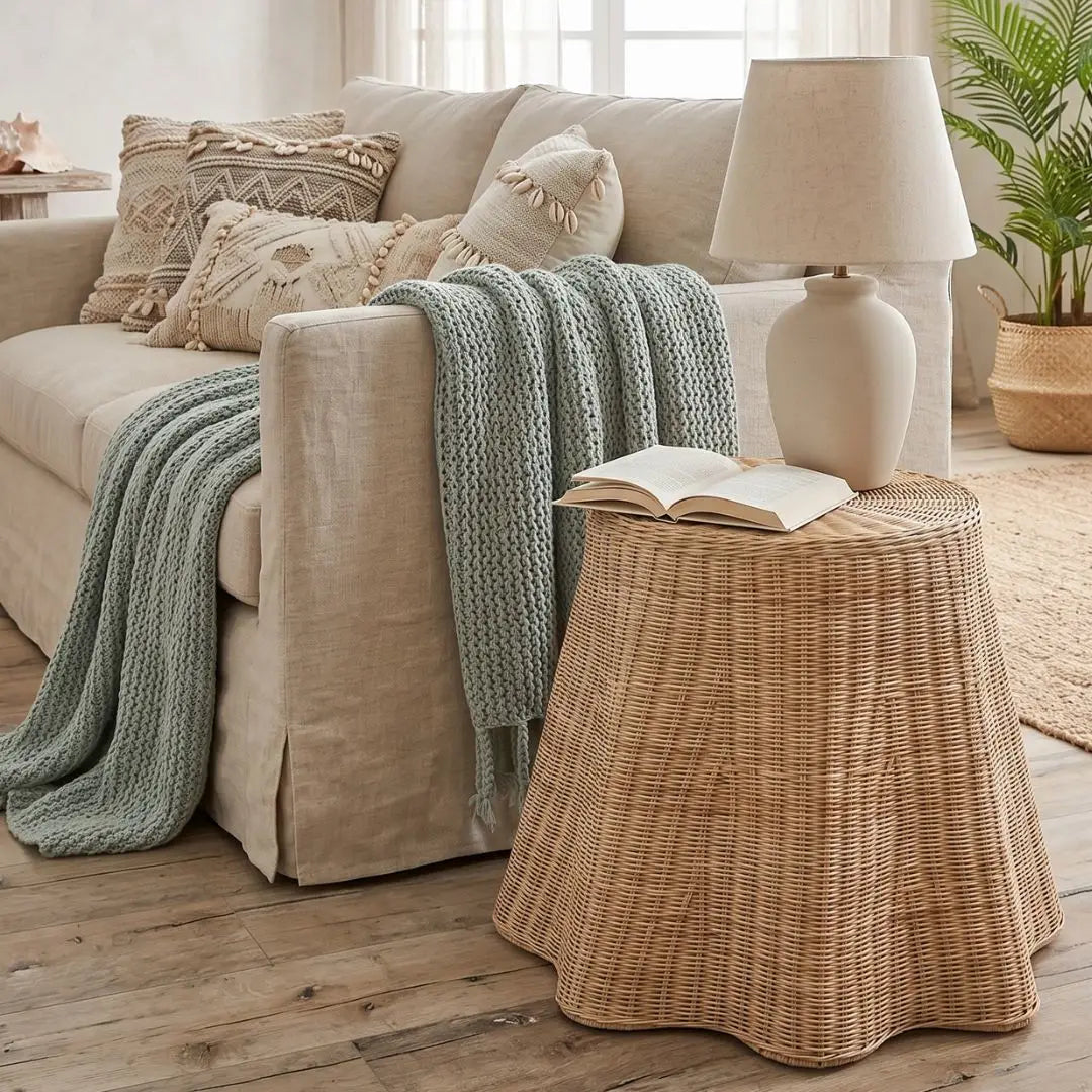Cozy living room with beige sofa, green blanket, wicker side table, and open book.