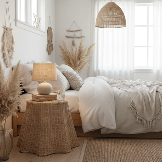 Cozy bedroom with a bed, lamp, and decorative elements.