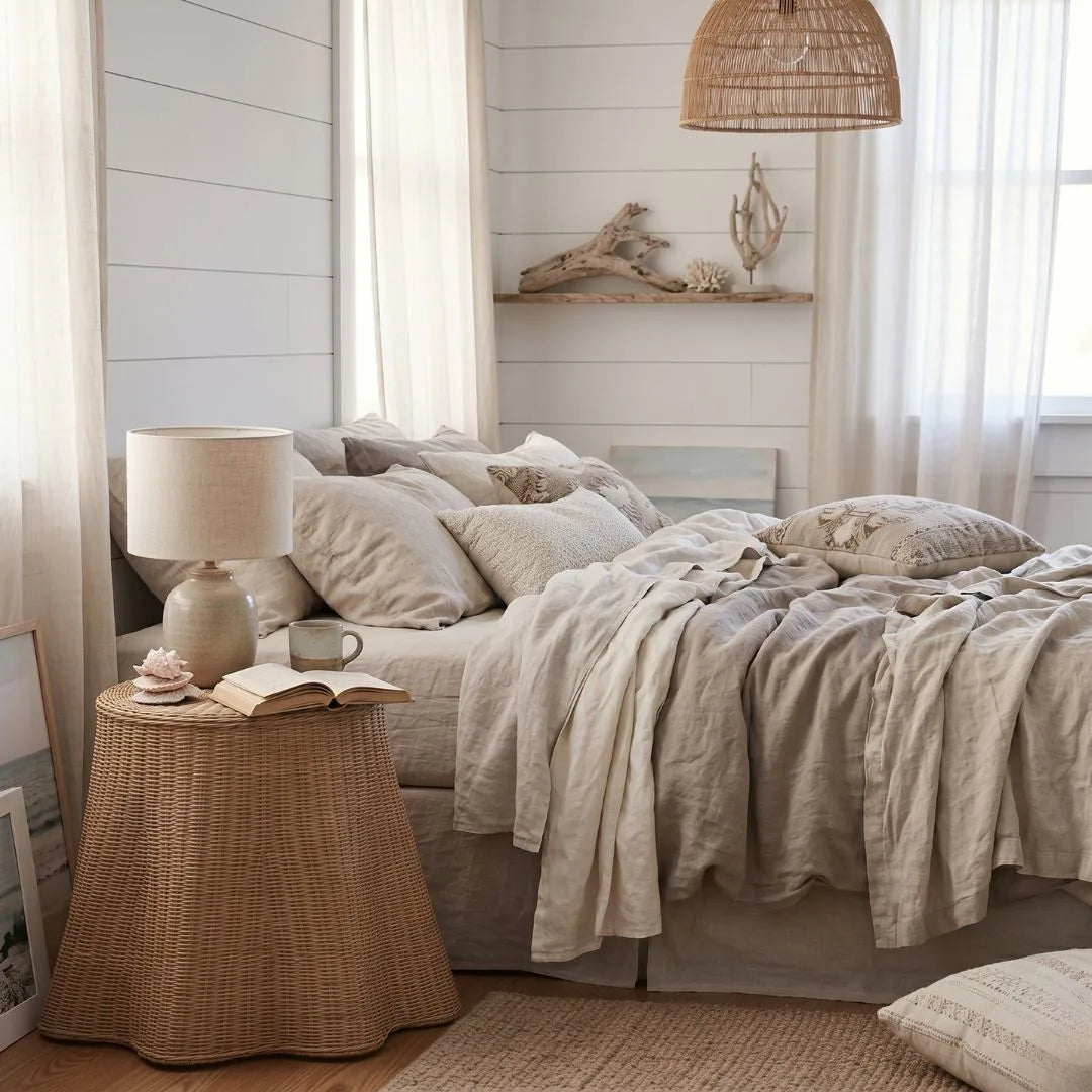 Cozy bedroom with a bed, side table, and lamp in a neutral color scheme.