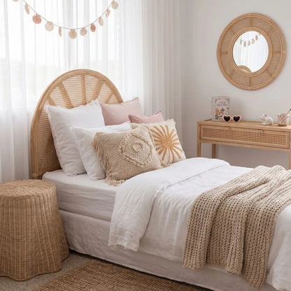 Neatly made bed with decorative pillows and a wooden nightstand in a bedroom setting.