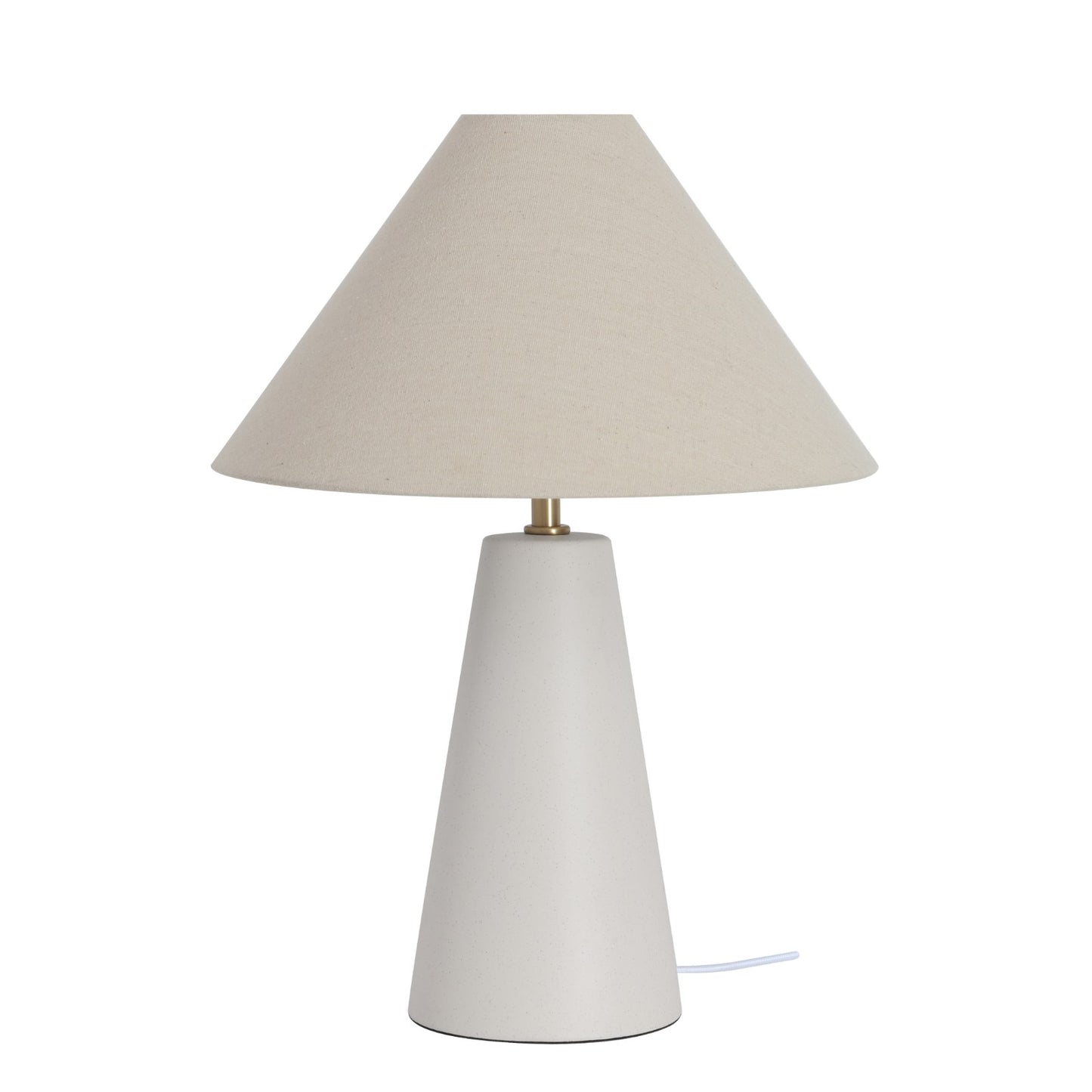 Table lamp with a white cone-shaped base and beige lampshade on a white background
