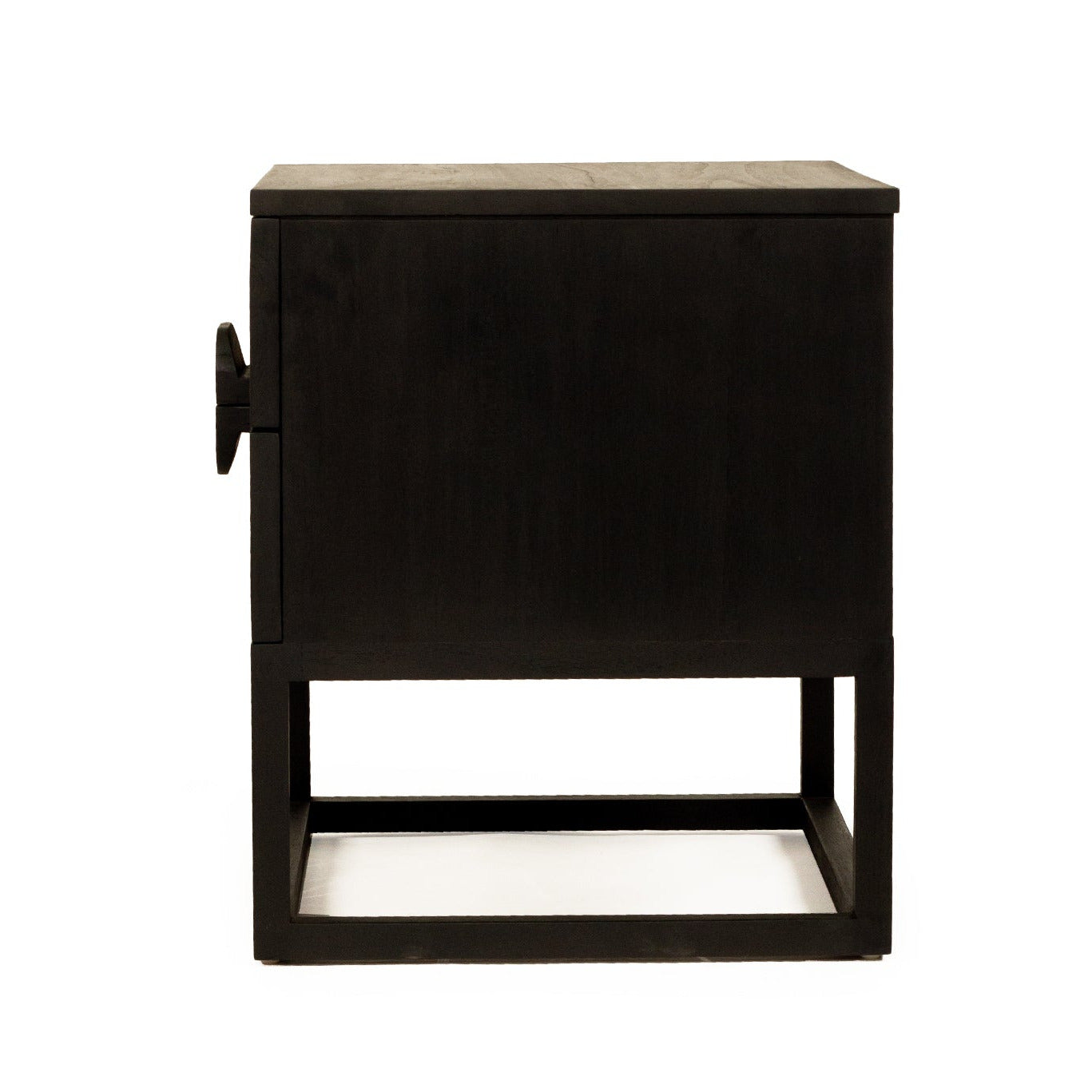 Black nightstand with two drawers on a white background
