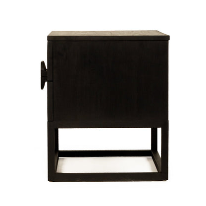 Black nightstand with two drawers on a white background