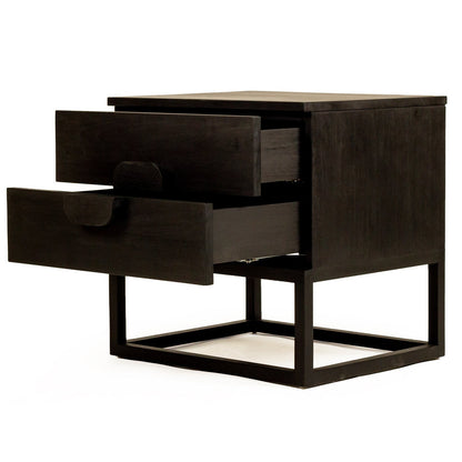 Dark wooden side table with two drawers on a white background