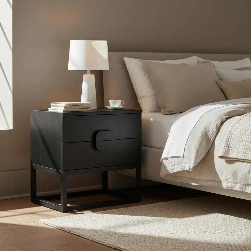 Black nightstand with lamp and books next to a bed with beige bedding.
