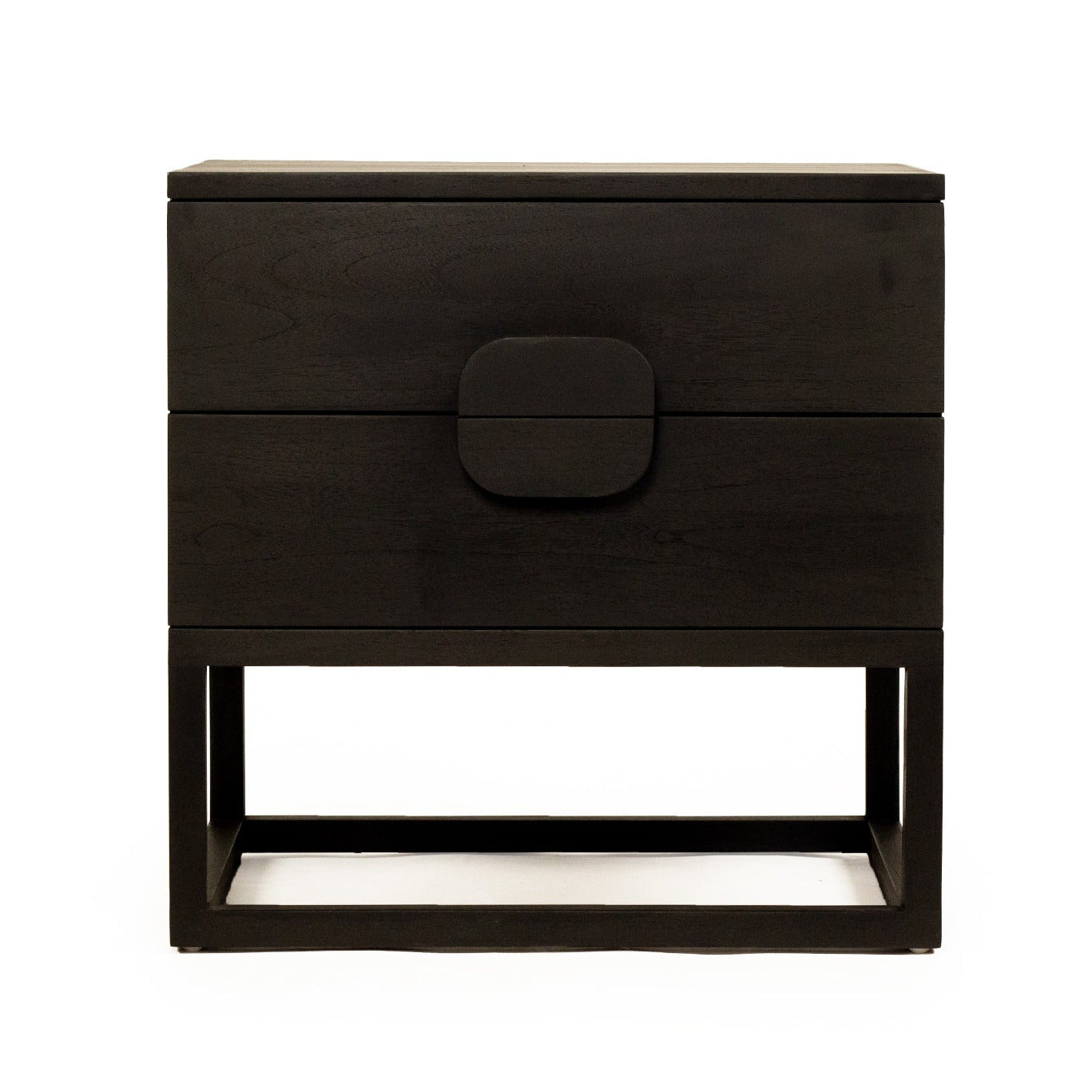 Black nightstand with two drawers on a white background