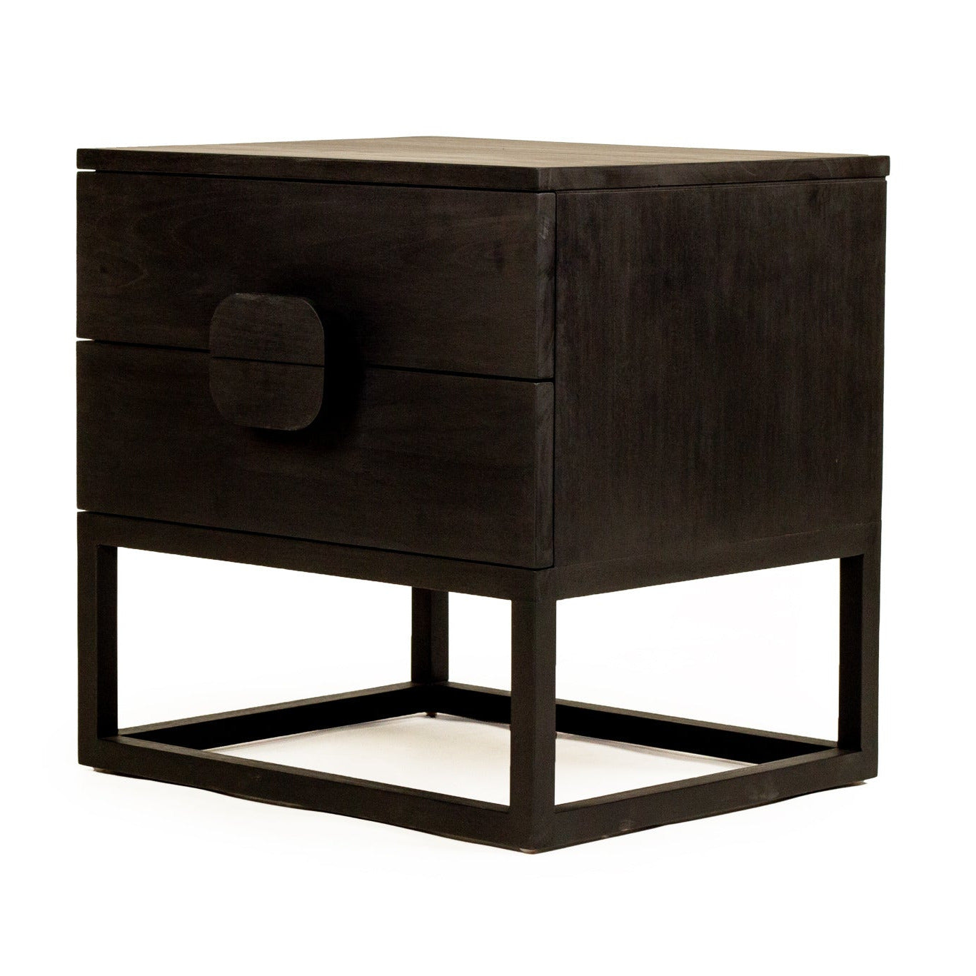 Black nightstand with two drawers on a white background