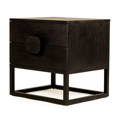 Black nightstand with two drawers on a white background