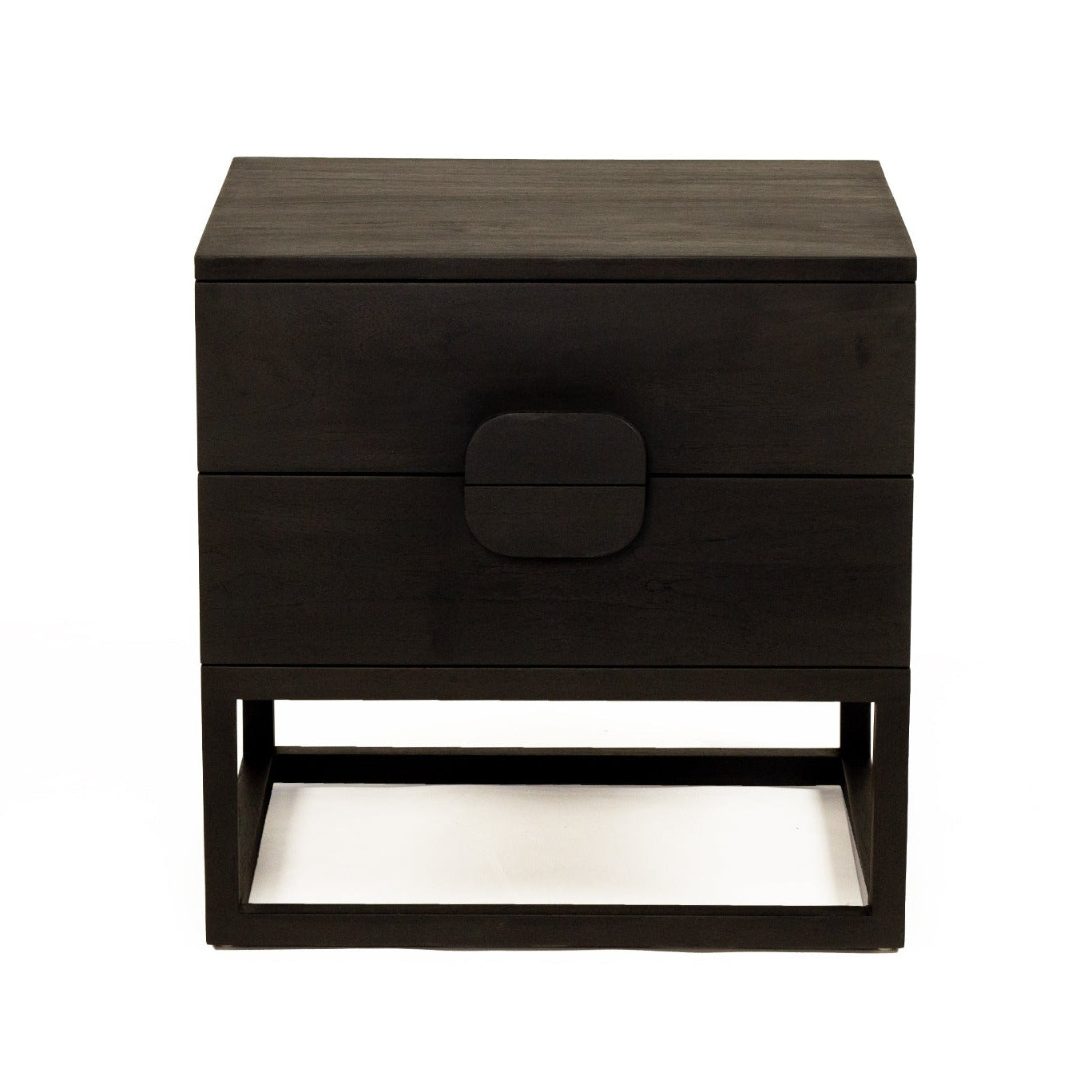 Black nightstand with two drawers on a white background