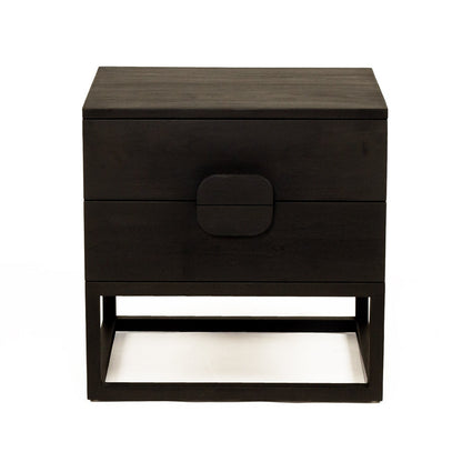 Black nightstand with two drawers on a white background