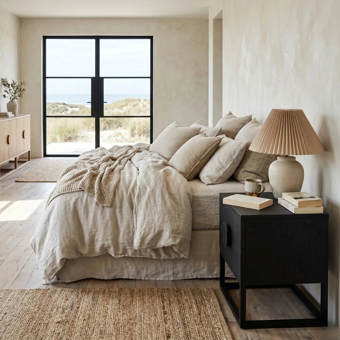 Cozy bedroom with a bed, nightstand, and lamp in a well-lit room.