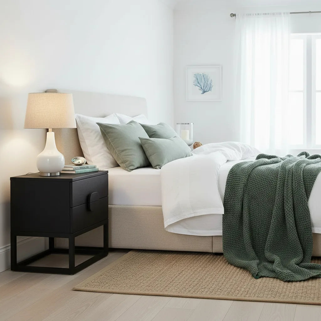 Modern bedroom with a bed, nightstand, and lamp.