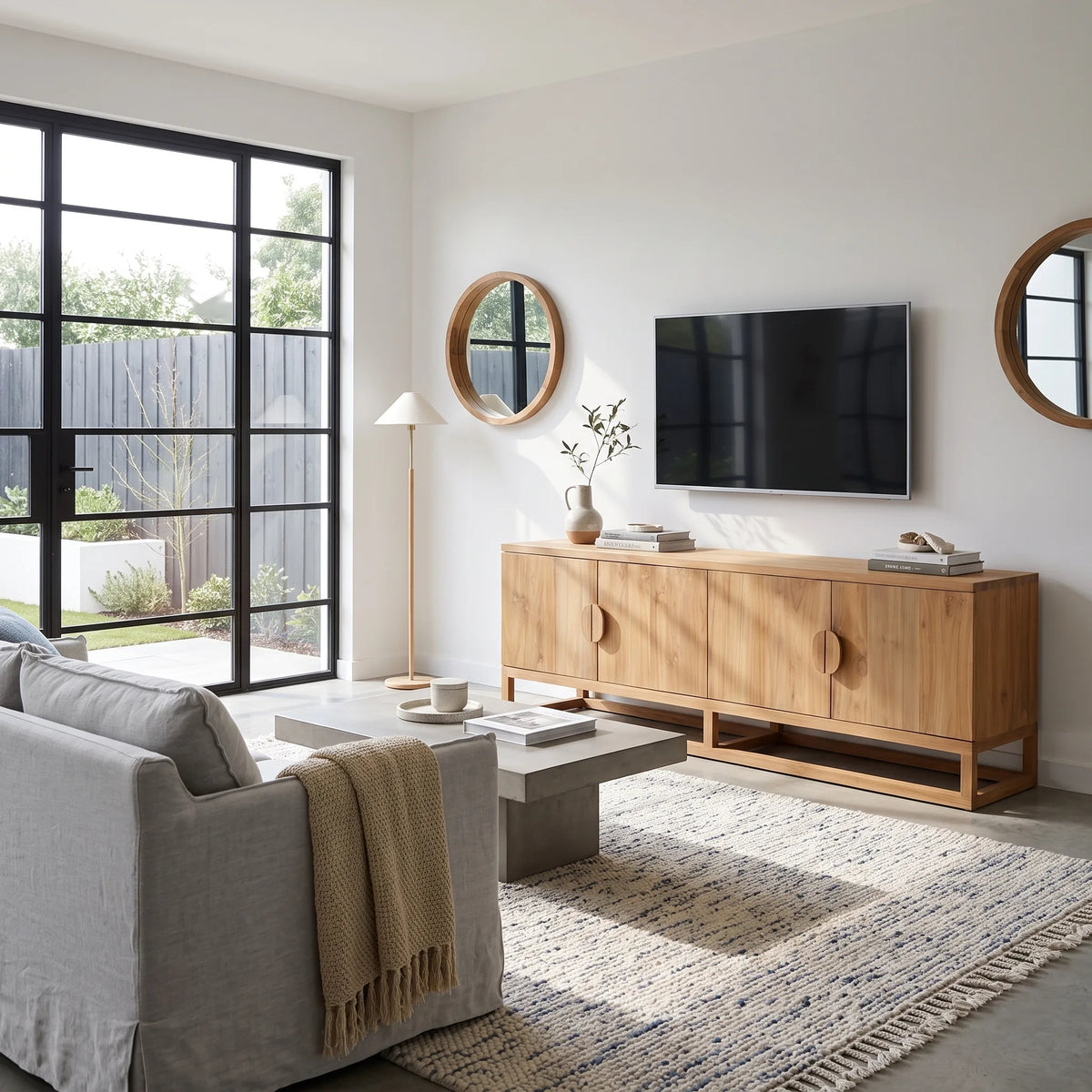 A modern living room featuring a light natural wood credenza with circular pull handles, a wall-mounted flat-screen TV, two round wood-framed mirrors, a floor lamp, and a gray sofa in the foreground.