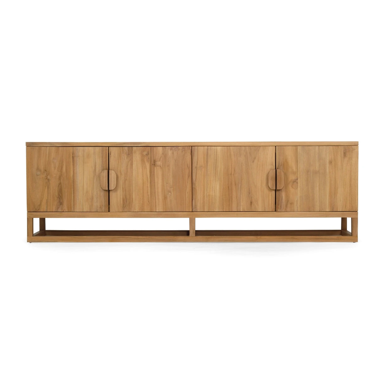 A mid-century modern wooden sideboard with four doors, featuring a warm natural wood finish and minimalist round metal handles, set against a plain white background.