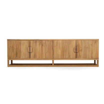 A mid-century modern wooden sideboard with four doors, featuring a warm natural wood finish and minimalist round metal handles, set against a plain white background.