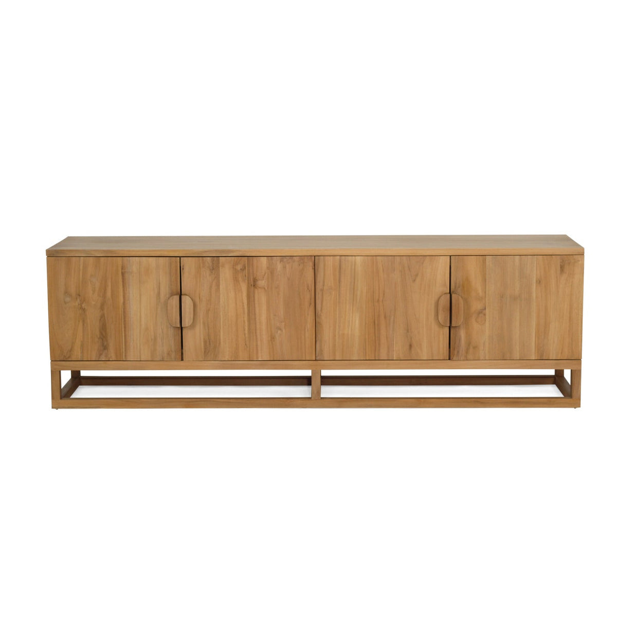 A mid-century modern wooden sideboard cabinet with four doors, oval handles