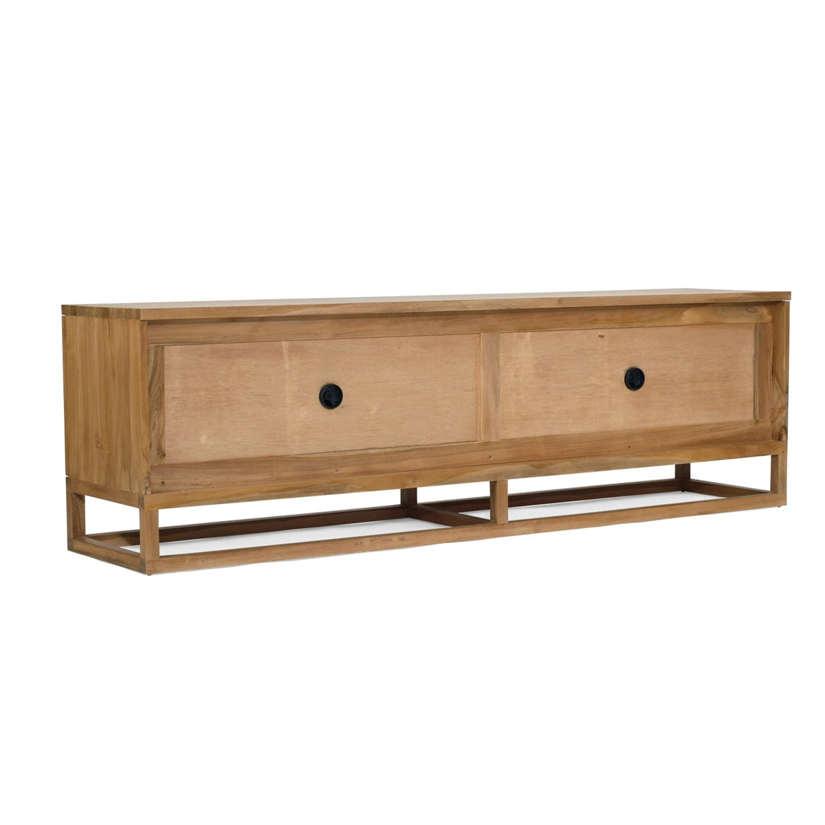 Product image of the Flynn solid teak entertainment unit on a white background from Sun Republic