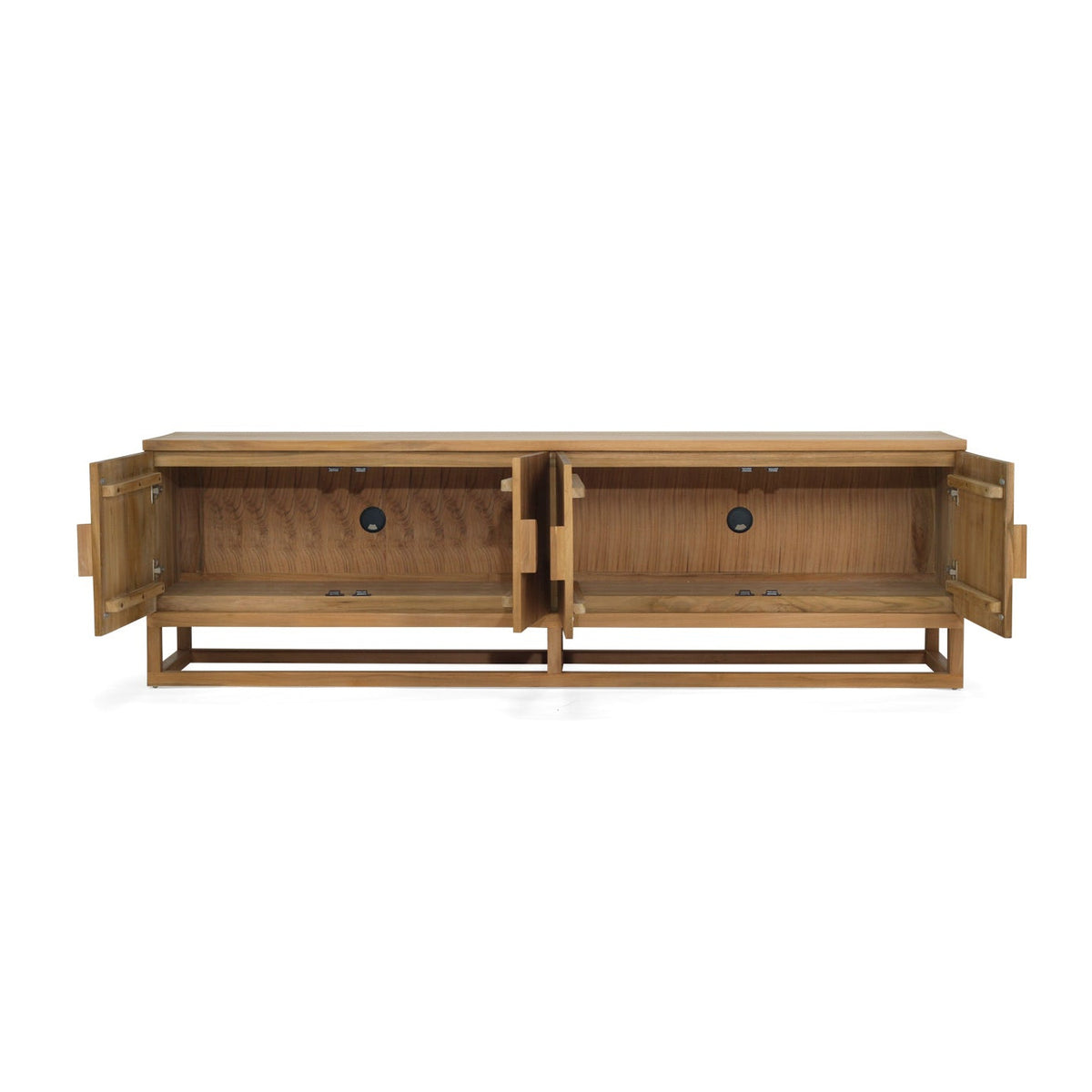 Product image of the Flynn solid teak entertainment unit on a white background from Sun Republic