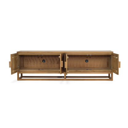 Product image of the Flynn solid teak entertainment unit on a white background from Sun Republic