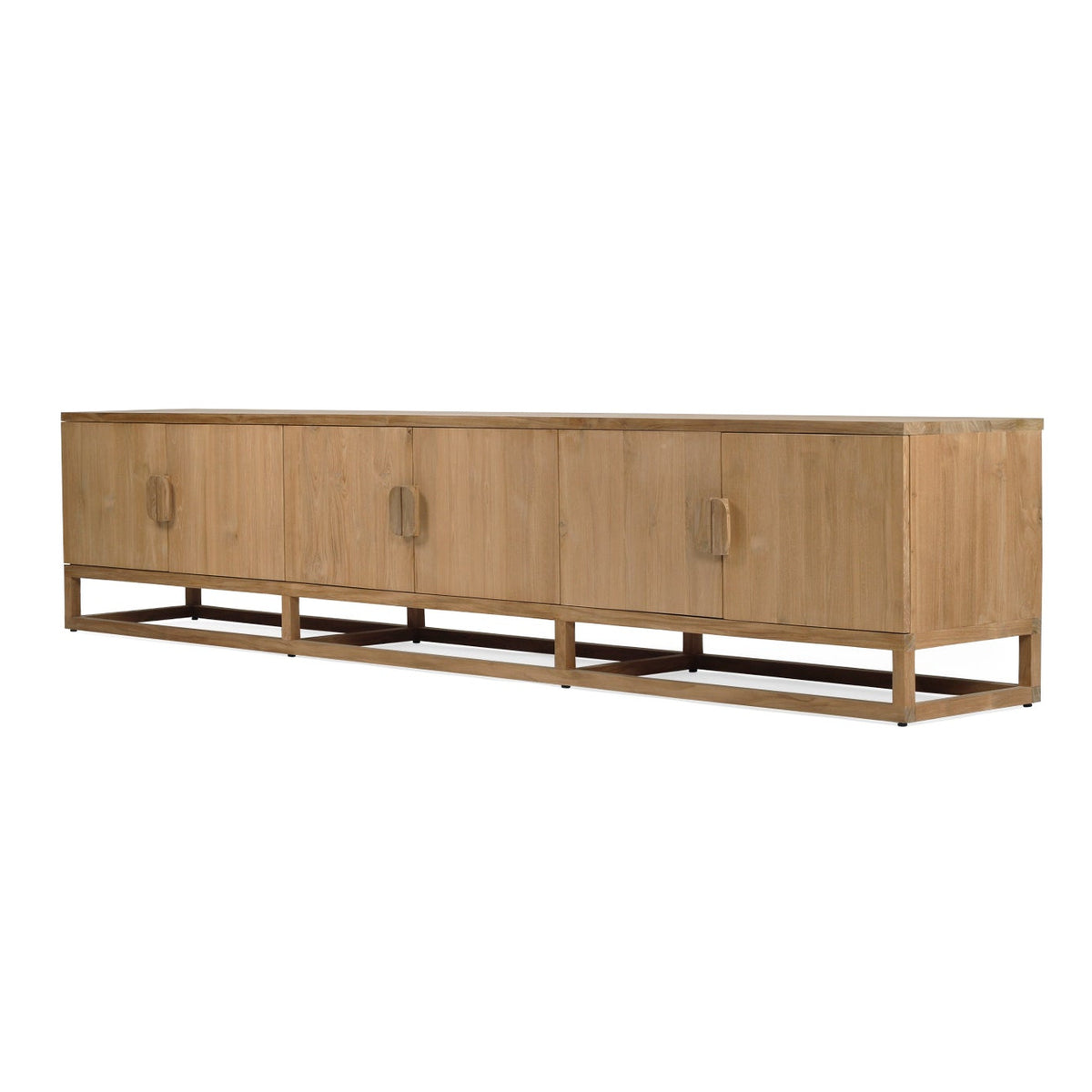 A mid-century modern wooden credenza or sideboard with four doors, brass handles, and a low open metal frame base, shown against a plain white background.