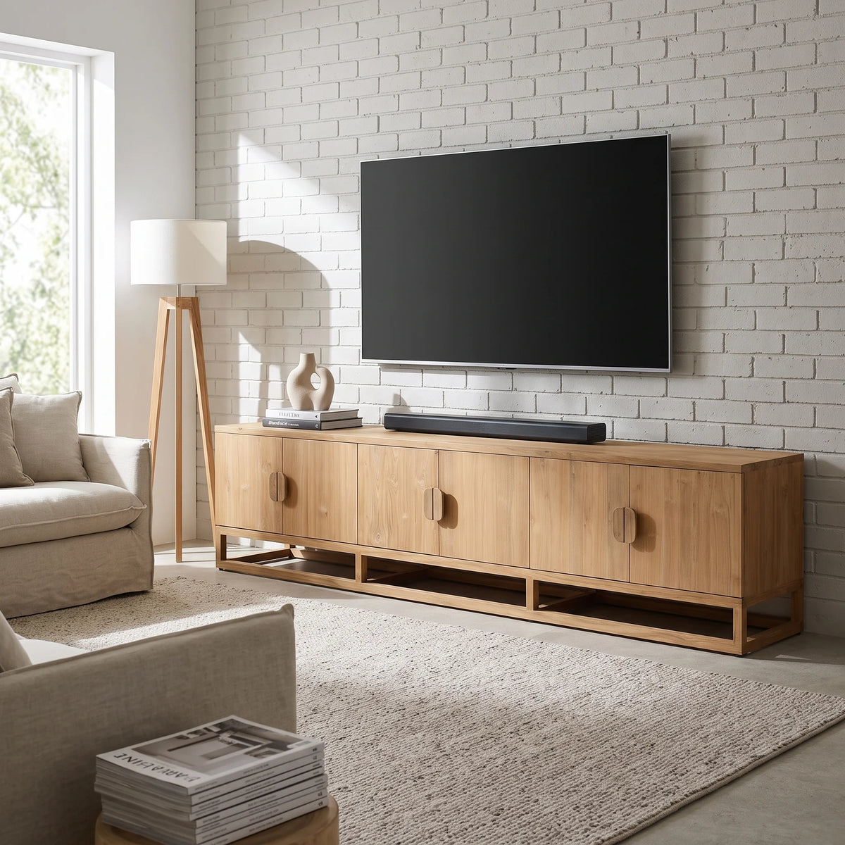 A modern light oak TV stand media console with four cabinet doors and round wooden handles, styled in a living room with a brick wall, a flat-screen TV, and a floor lamp.