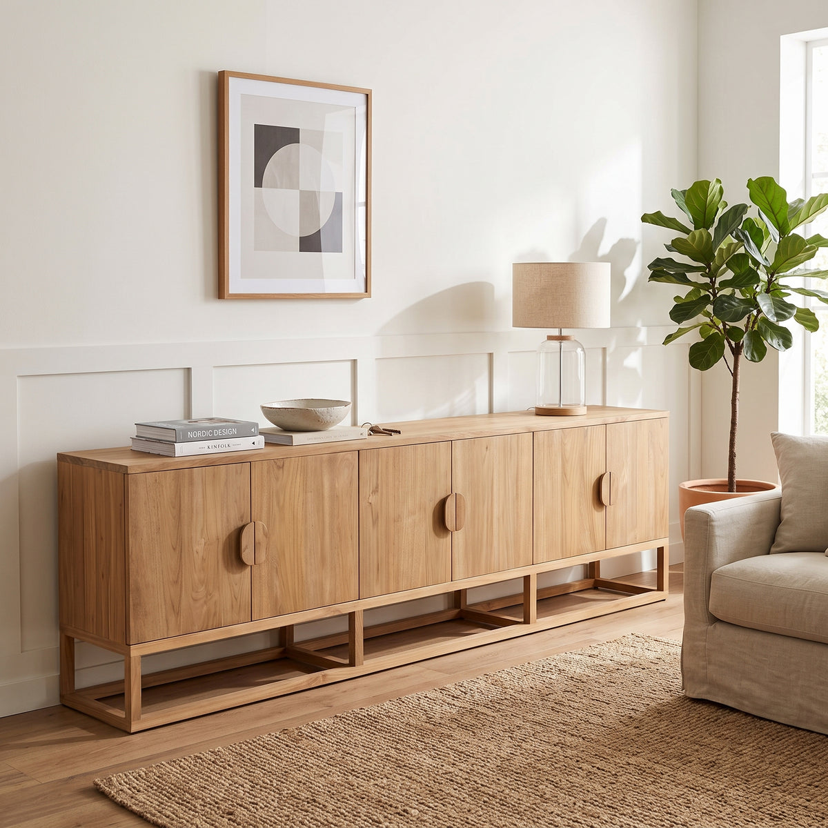A light teak wood sideboard or credenza with five cabinet doors and open lower shelves, styled in a bright living room with a lamp, framed wall art, a plant, and a woven rug.