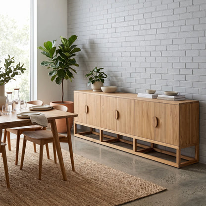 A light natural wood sideboard cabinet with four doors and open lower shelves, styled in a bright dining room next to a dining table and chairs against a white brick wall.