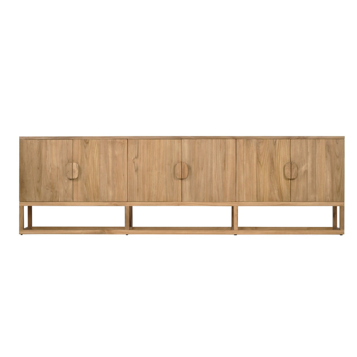 A mid-century modern sideboard cabinet made of light oak wood, featuring four doors with circular cutouts and a minimalist metal frame base, shown against a plain white background.