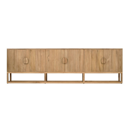 A mid-century modern sideboard cabinet made of light oak wood, featuring four doors with circular cutouts and a minimalist metal frame base, shown against a plain white background.