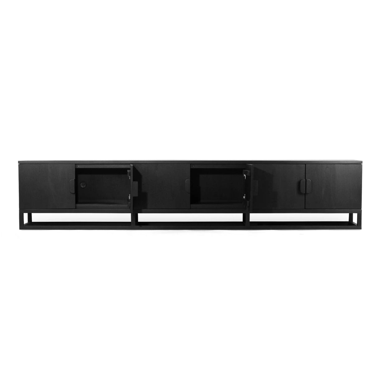 A modern black floating media console with two cabinet doors and two open shelves, shown against a plain white background.