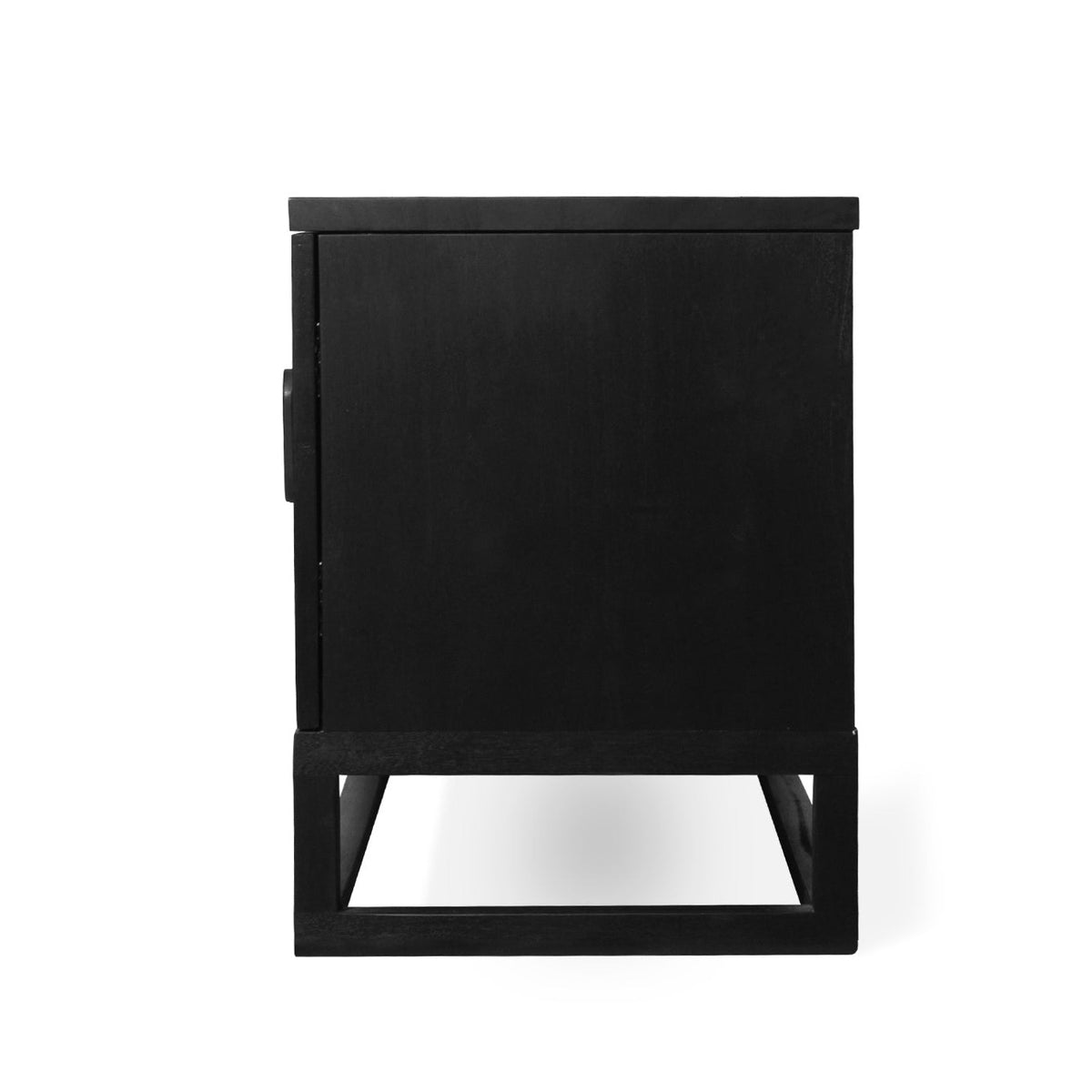 A modern black wooden side cabinet or nightstand with a minimalist geometric frame, shown from a front-three-quarters angle on a solid white background.