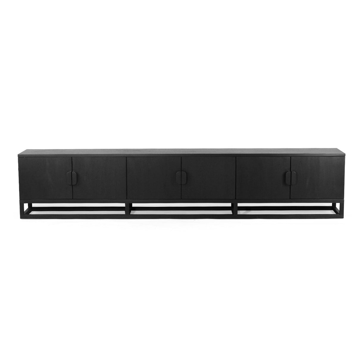 A long black wooden media console or sideboard with four cabinet doors and a low open base, shown against a plain white background.