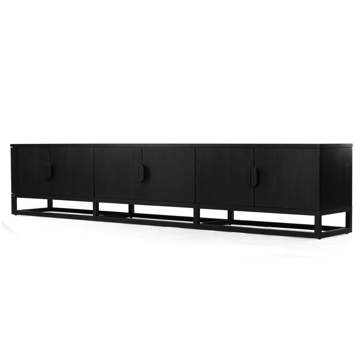 A long black media console or sideboard with four cabinet doors and a low open base frame, shown on a plain white background.