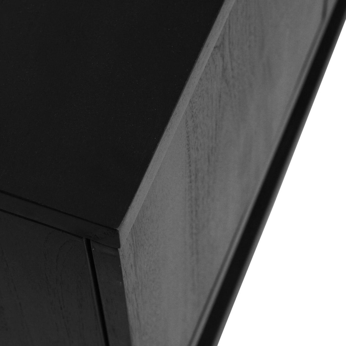 Close-up of a black wood cabinet corner showing the grain and finish against a white background.
