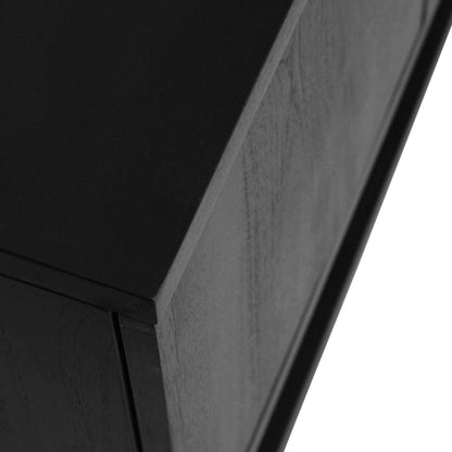 Close-up of a black wood cabinet corner showing the grain and finish against a white background.