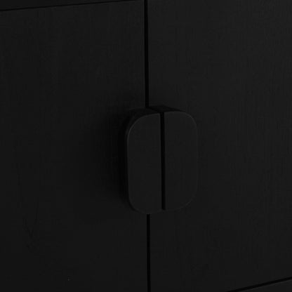 Close-up of a matte black cabinet door with a matching minimalist vertical handle.