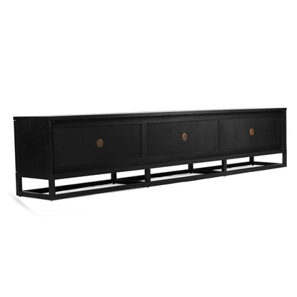 A long black wooden console table with three drawers and small round metallic pulls, shown against a plain white background.