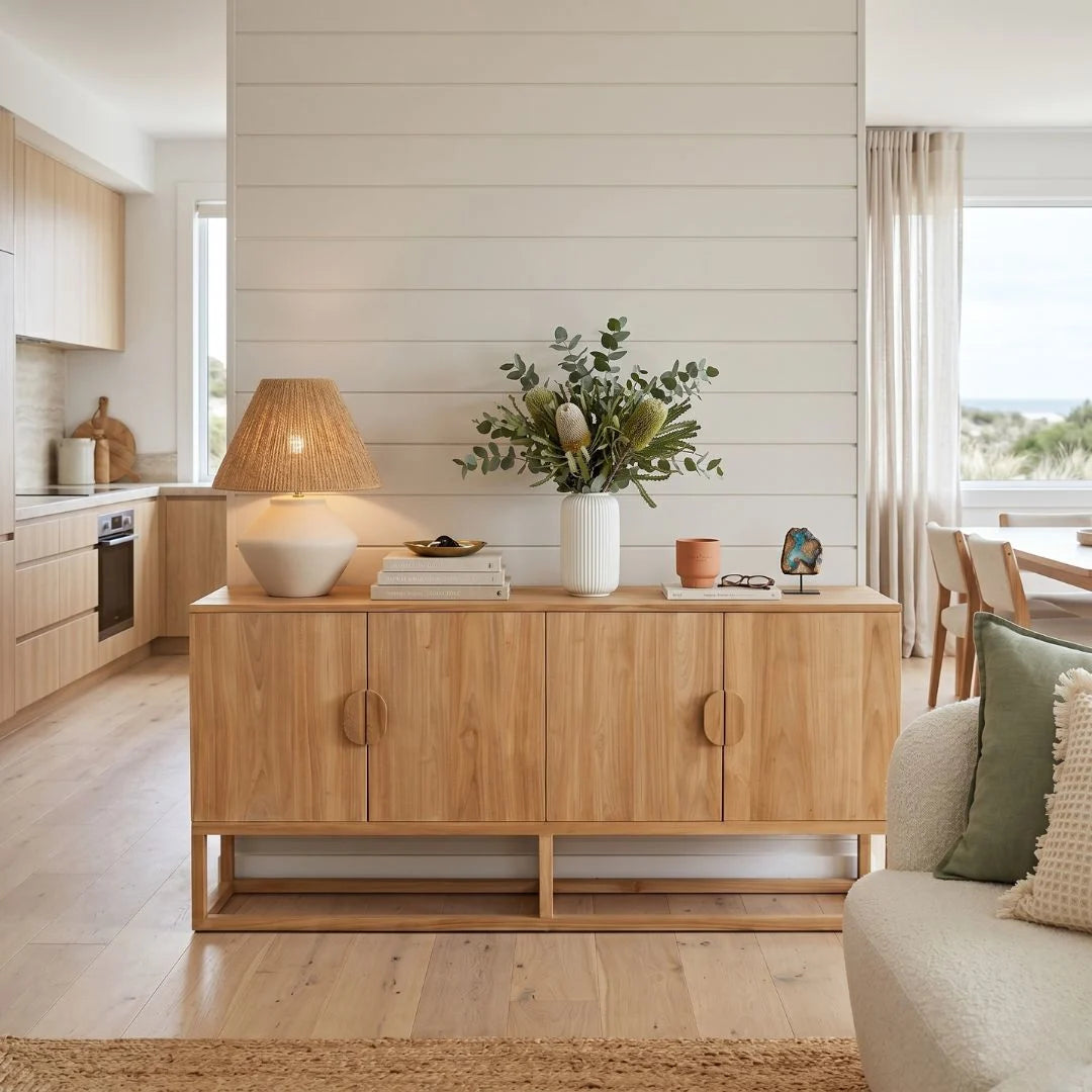 Wooden sideboard in a living room with decor items and a lamp.