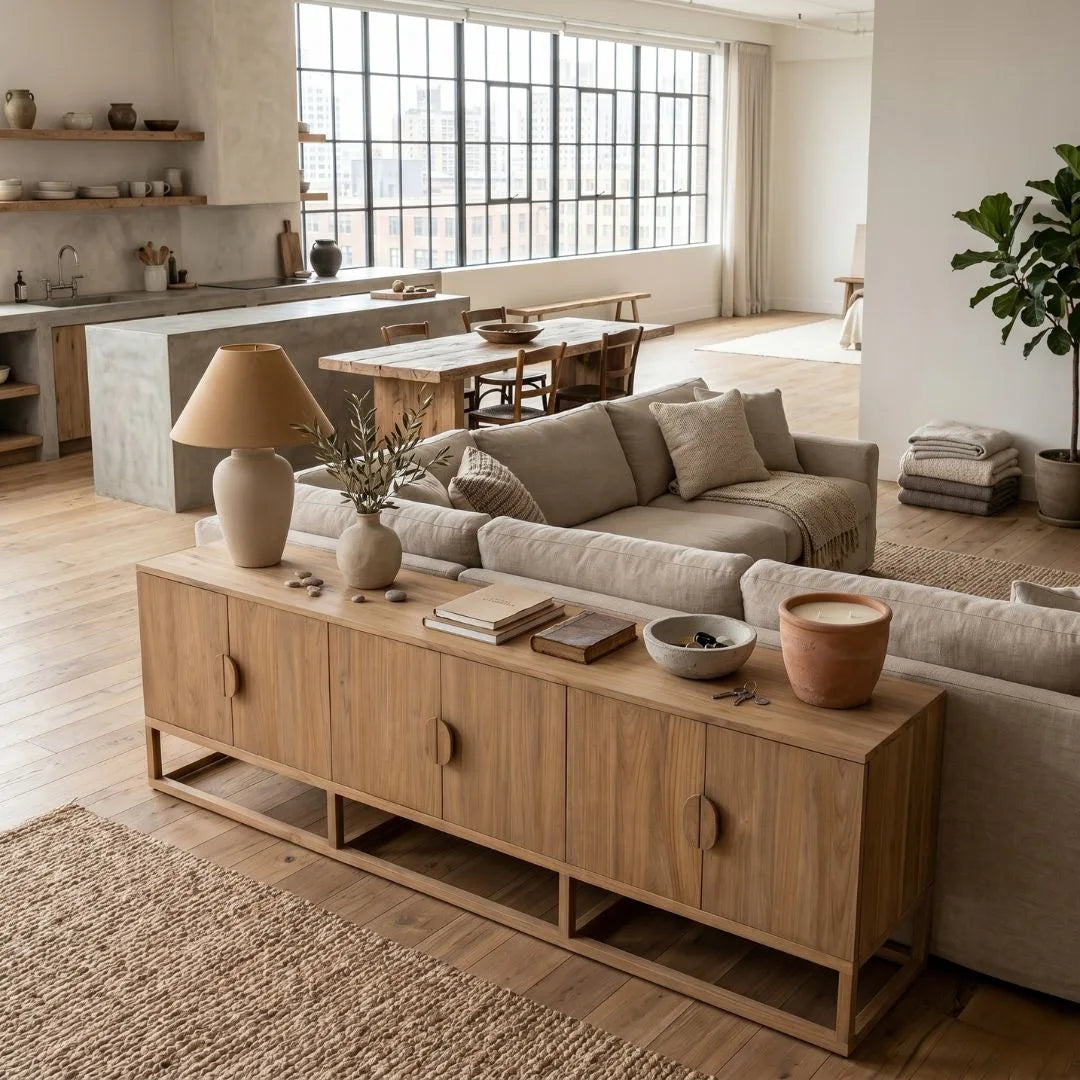 Modern living room with wooden sideboard, mirror, and decor items.