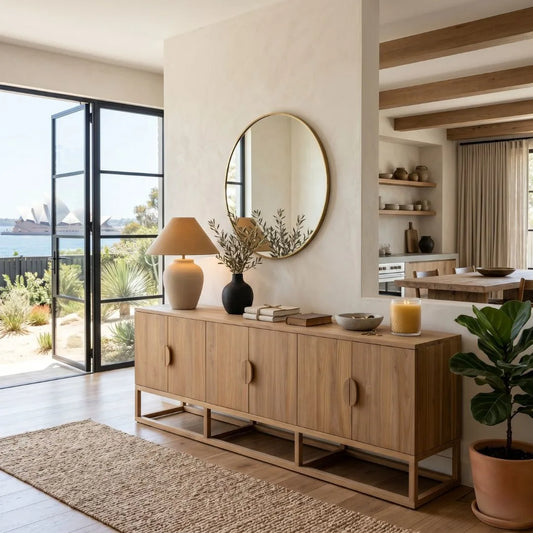 Modern living room with wooden sideboard, mirror, and decor items.