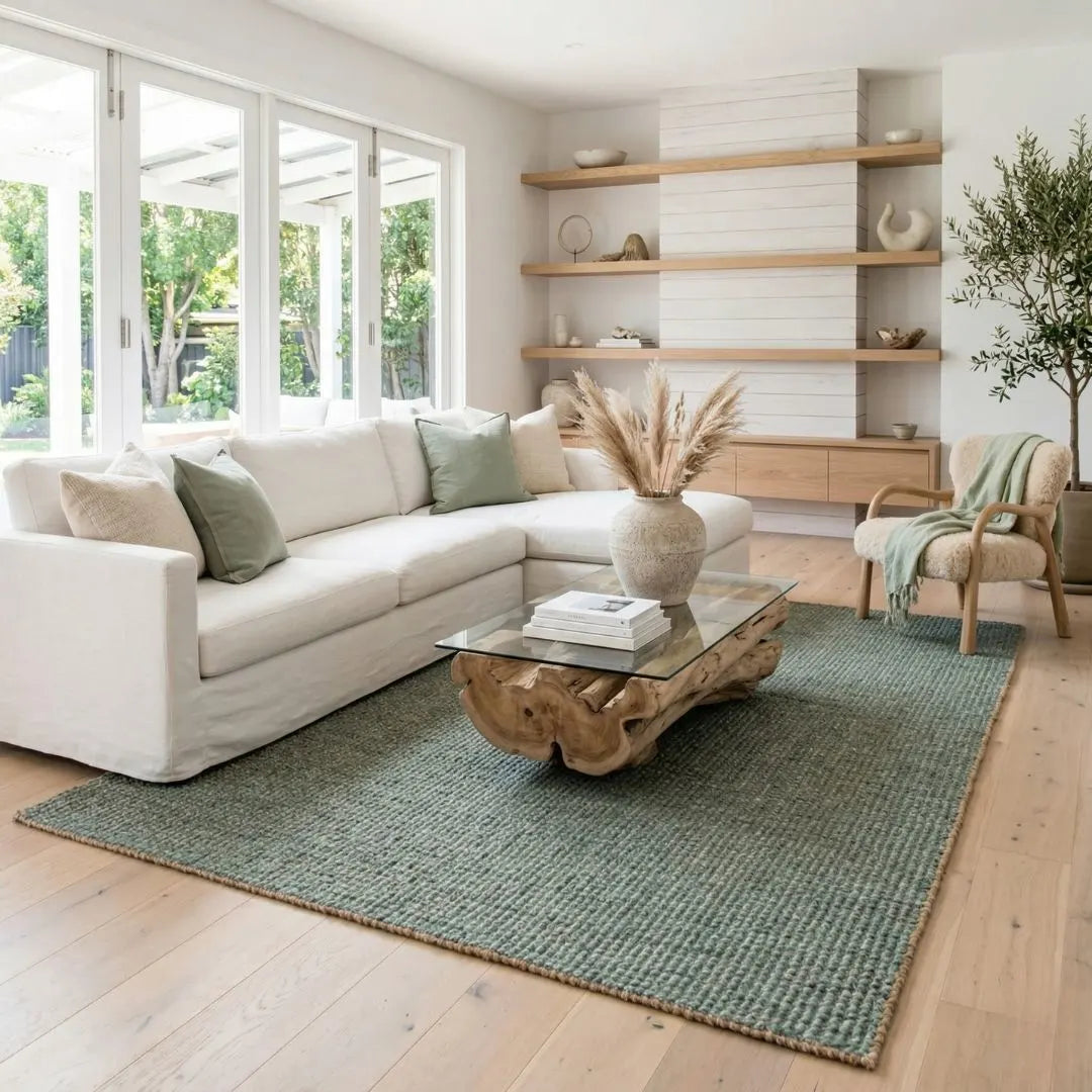 Modern living room with a white sofa, wooden coffee table, and decorative elements.