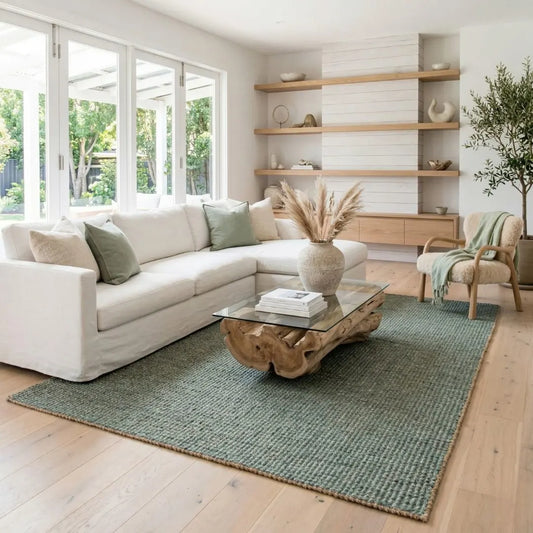 Modern living room with a white sofa, wooden coffee table, and decorative elements.