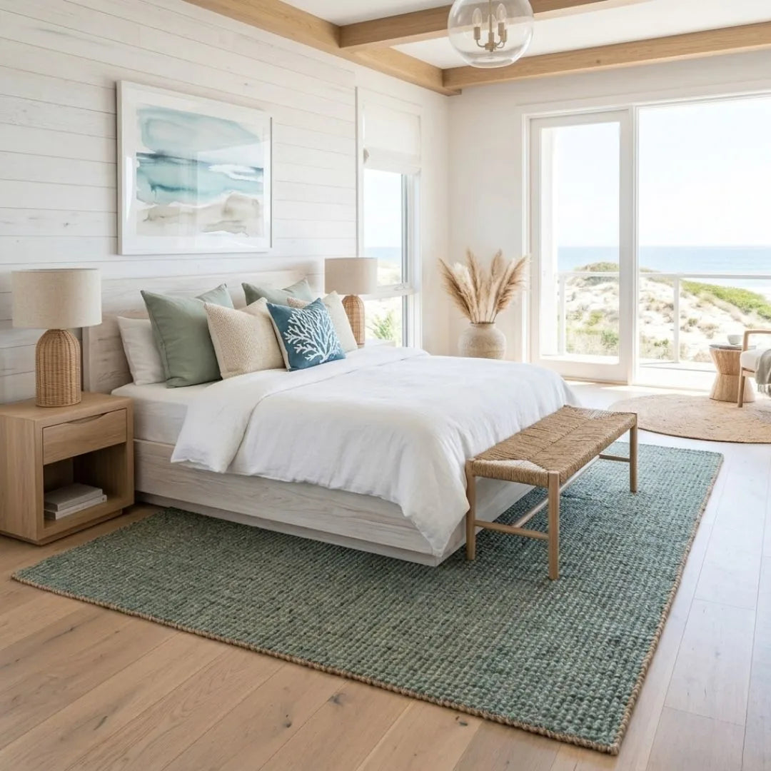 Modern bedroom with a large bed, wooden bench, and large windows.