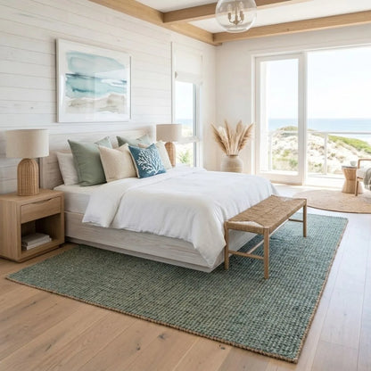 Modern bedroom with a large bed, wooden bench, and large windows.